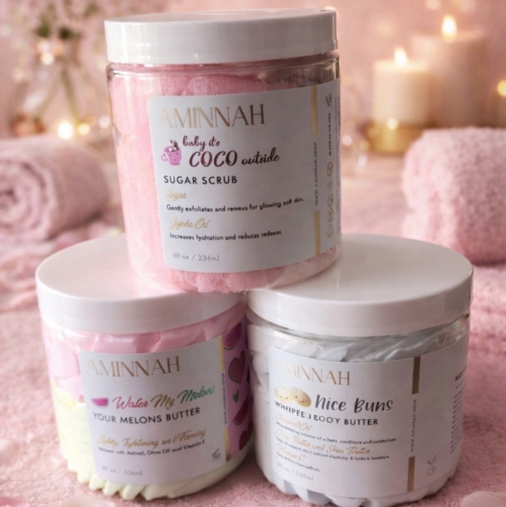 Aminnah Body Care Bundle of 3 – Sugar Scrub & Whipped Butters